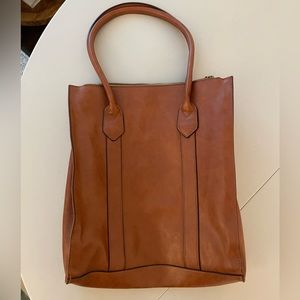 Faux Leather Tote-Style Bag with 3 Large Compartments - Caramel Tan/Brown color
